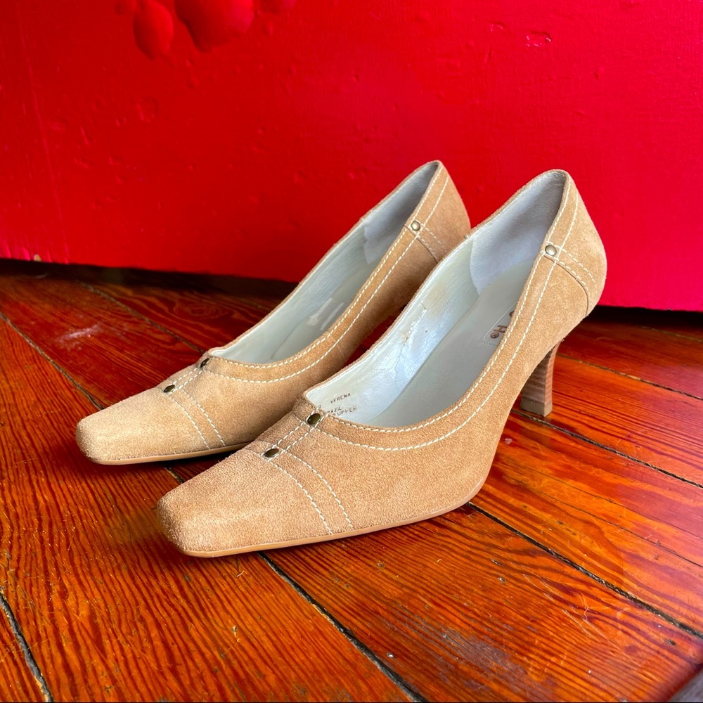 Unisa Camel Colored Suede Pumps, Square Toe, 8